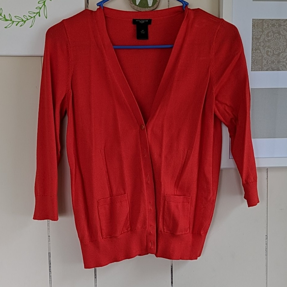 Red Ann Taylor cardigan.